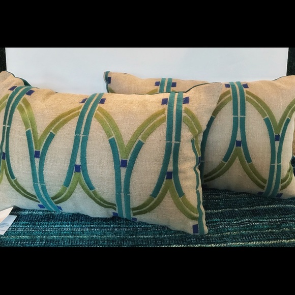 Crate&Barrel Other - Embroidered Pillows (2) Teal + Olive Green NWT